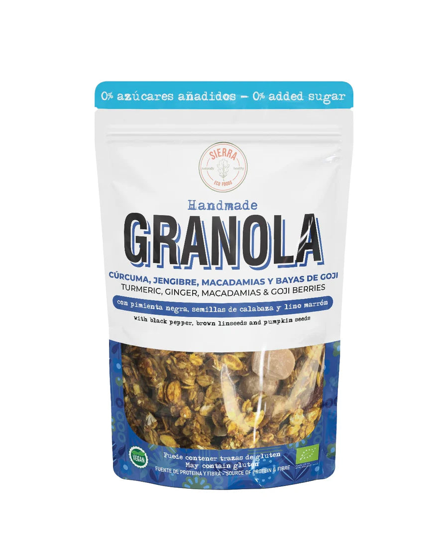 GRANOLA CÚRCUMA, JENGIBRE, MACADAMIAS Y BAYAS DE GOJI SIN AZÚCAR AÑADIDO 300g